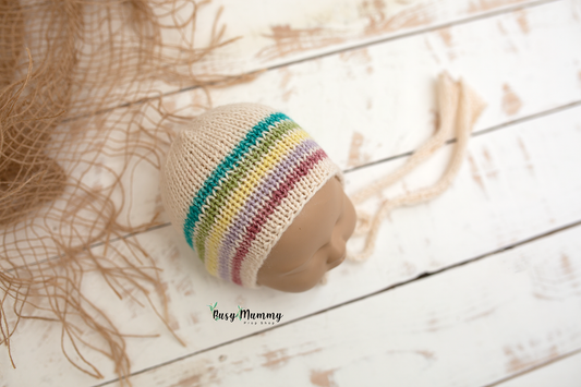 Newborn knitted bonnet, knitted ties, rainbow, off white, Ready to send