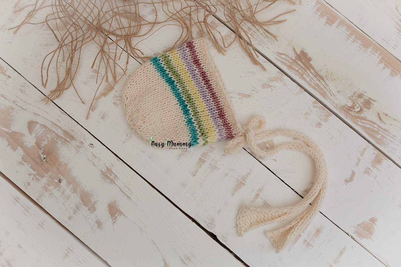 Newborn knitted bonnet, knitted ties, rainbow, off white, Ready to send