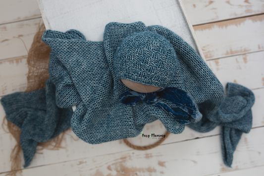 Newborn knitted wrap, bonnet, blue, velvet ties, Ready to send