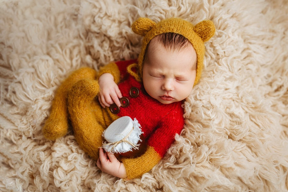 Knitted footed pyjama and bonnet, newborn size, pooh, PRE ORDER winnie.