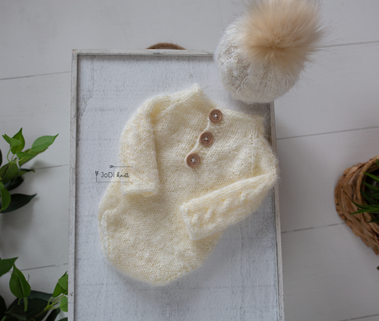 Newborn size knitted cabled romper, cabled beanie, digital pattern, knitting pattern