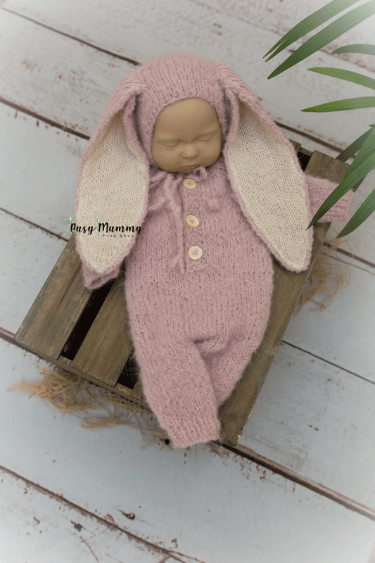 Newborn size knitted pyjama, bunny bonnet, Easter, white, yellow, pink, READY TO SEND