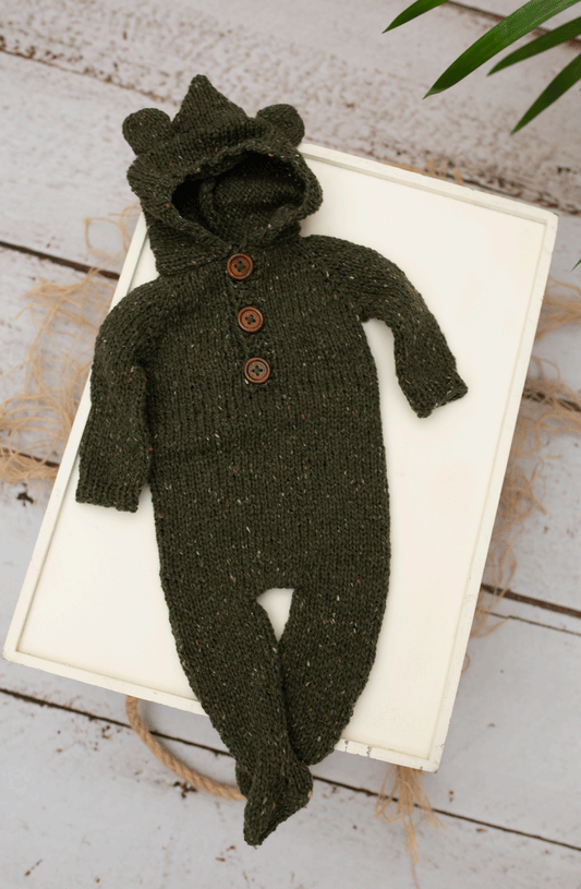 Newborn size, knitted, khaki, tweed, bear, READY TO SEND