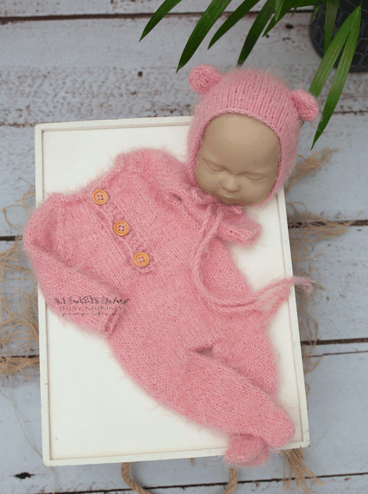 Newborn size knitted pyjama, bear bonnet, pink, READY TO SEND