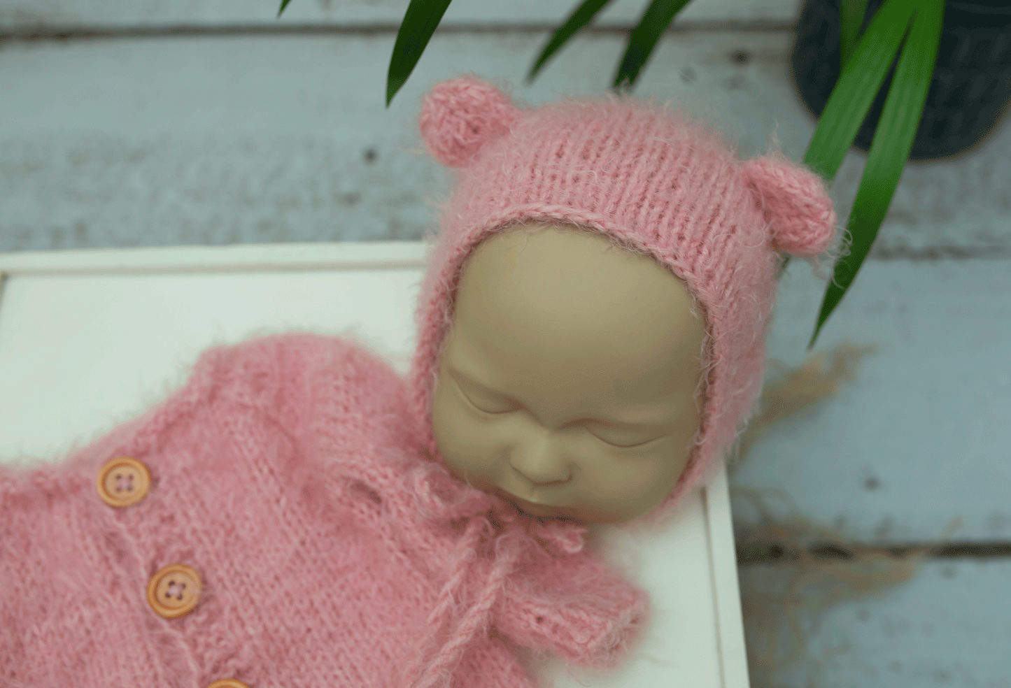 Newborn size knitted pyjama, bear bonnet, pink, READY TO SEND