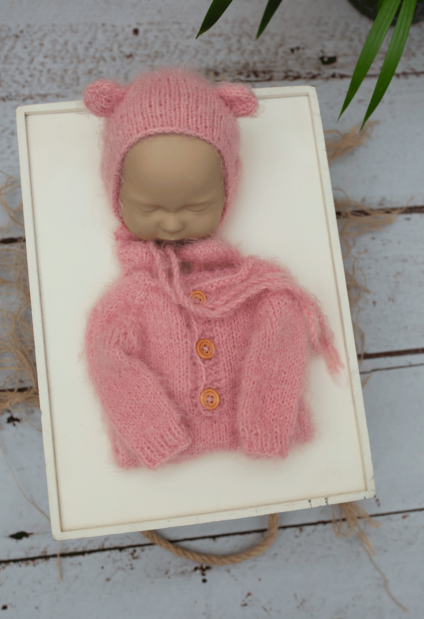 Newborn size knitted pyjama, bear bonnet, pink, READY TO SEND