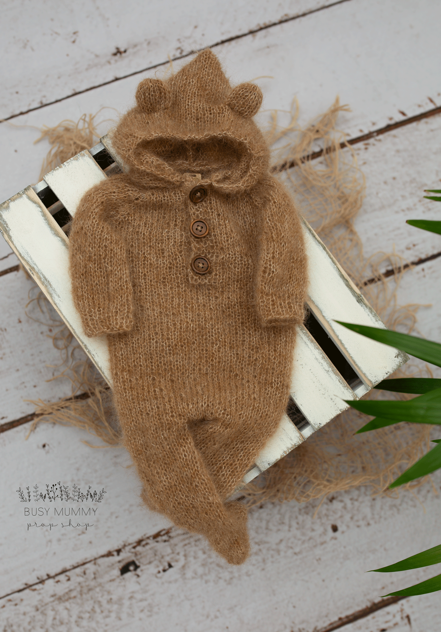 Newborn knitted bear set, brown, pyjama, hood, READY TO SEND