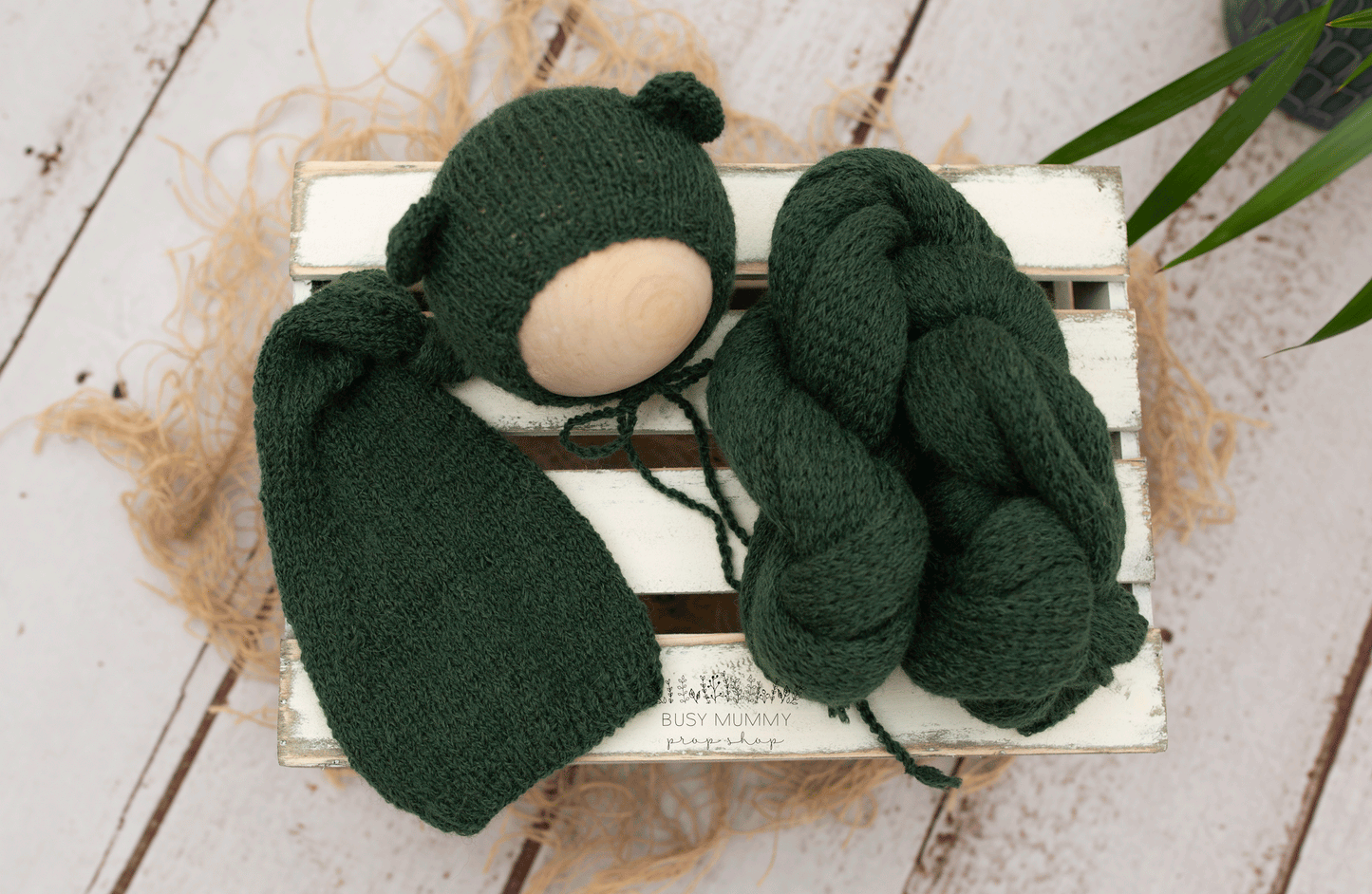 Newborn size knitted sleep hat, bear bonnet, twin, dark green, READY TO SEND