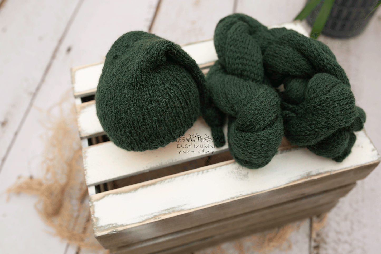 Newborn size knitted sleep hat, bear bonnet, twin, dark green, READY TO SEND