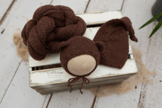 Newborn size dark brown sleep hat, bear bonnet, knitted wrap, twin, READY TO SEND