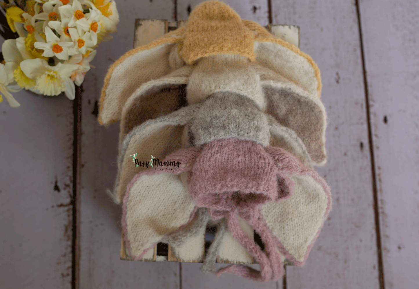 Newborn knitted wrap, bunny, vanilla, grey, off white, pink READY TO SEND