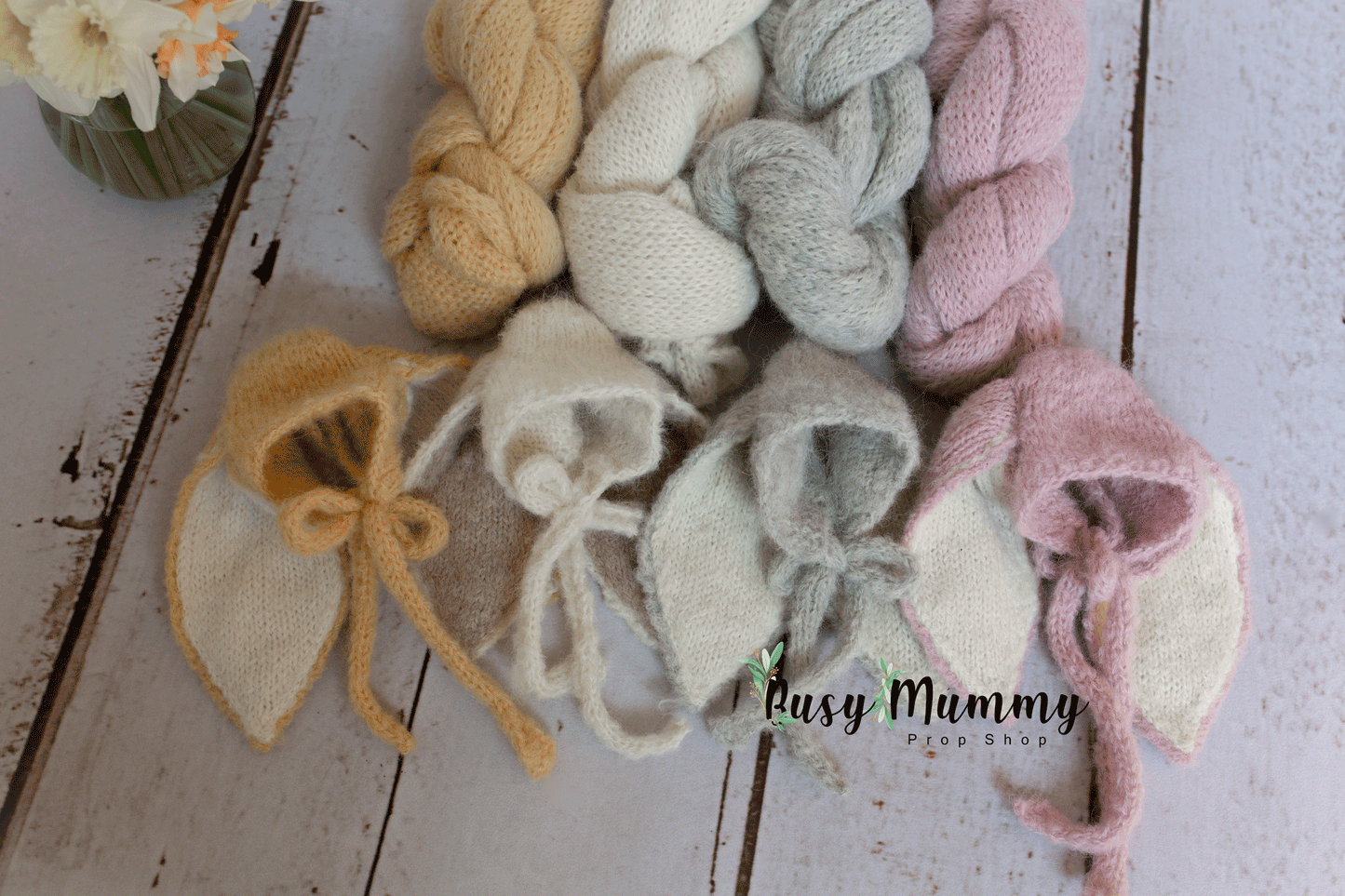 Newborn knitted wrap, bunny, vanilla, grey, off white, pink READY TO SEND