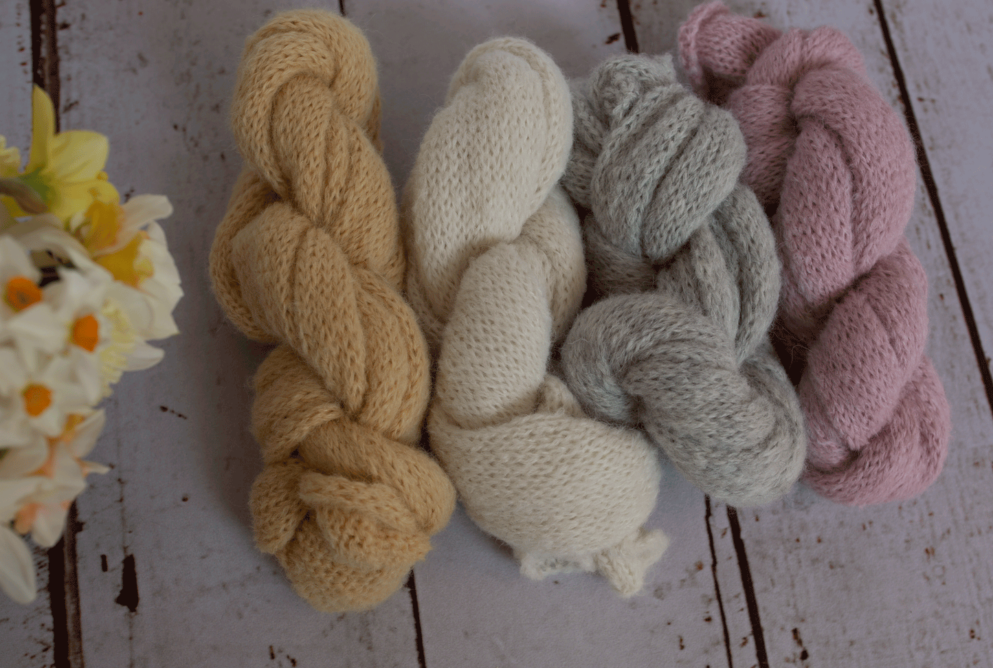 Newborn knitted wrap, bunny, vanilla, grey, off white, pink READY TO SEND