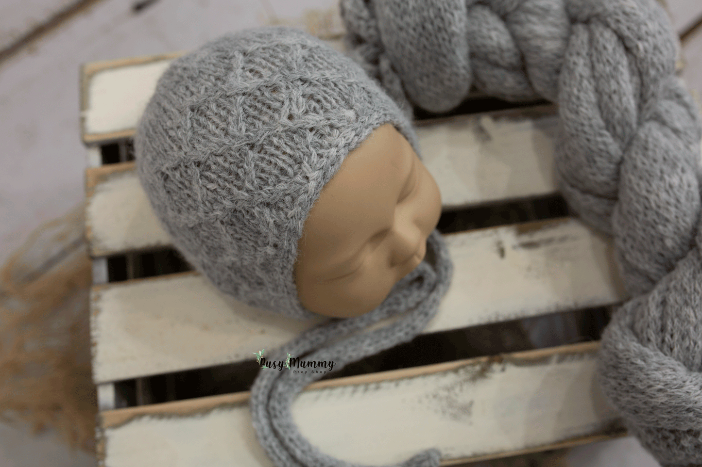 Newborn knitted wrap, light grey, bonnet, ready to send