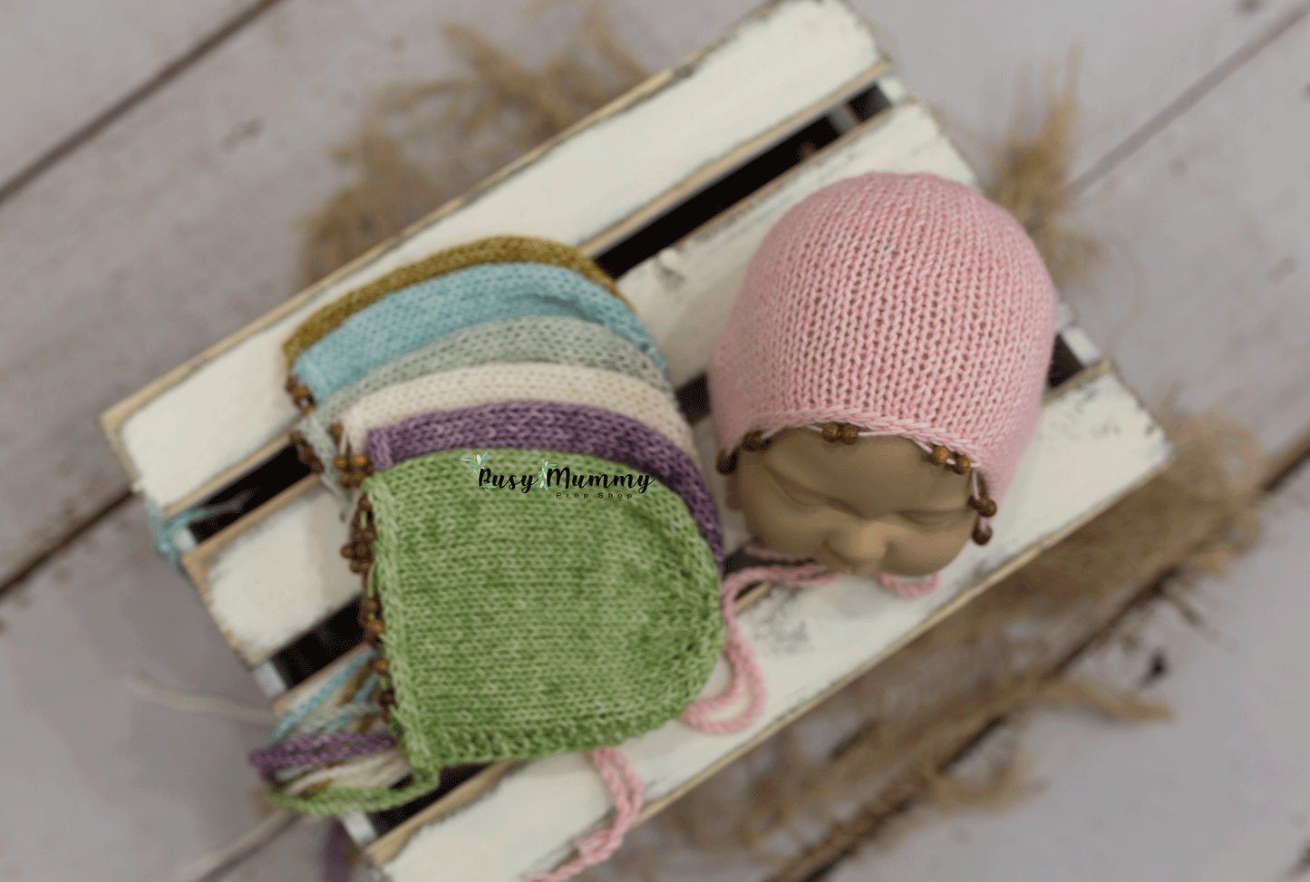 Newborn knitted bonnet, beaded , pink, green, off white, READY TO SEND