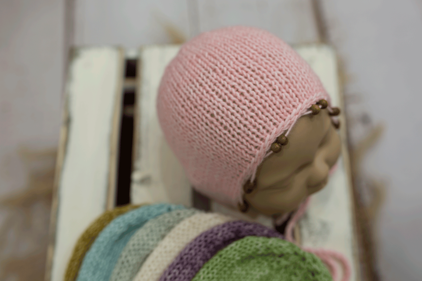 Newborn knitted bonnet, beaded , pink, green, off white, READY TO SEND