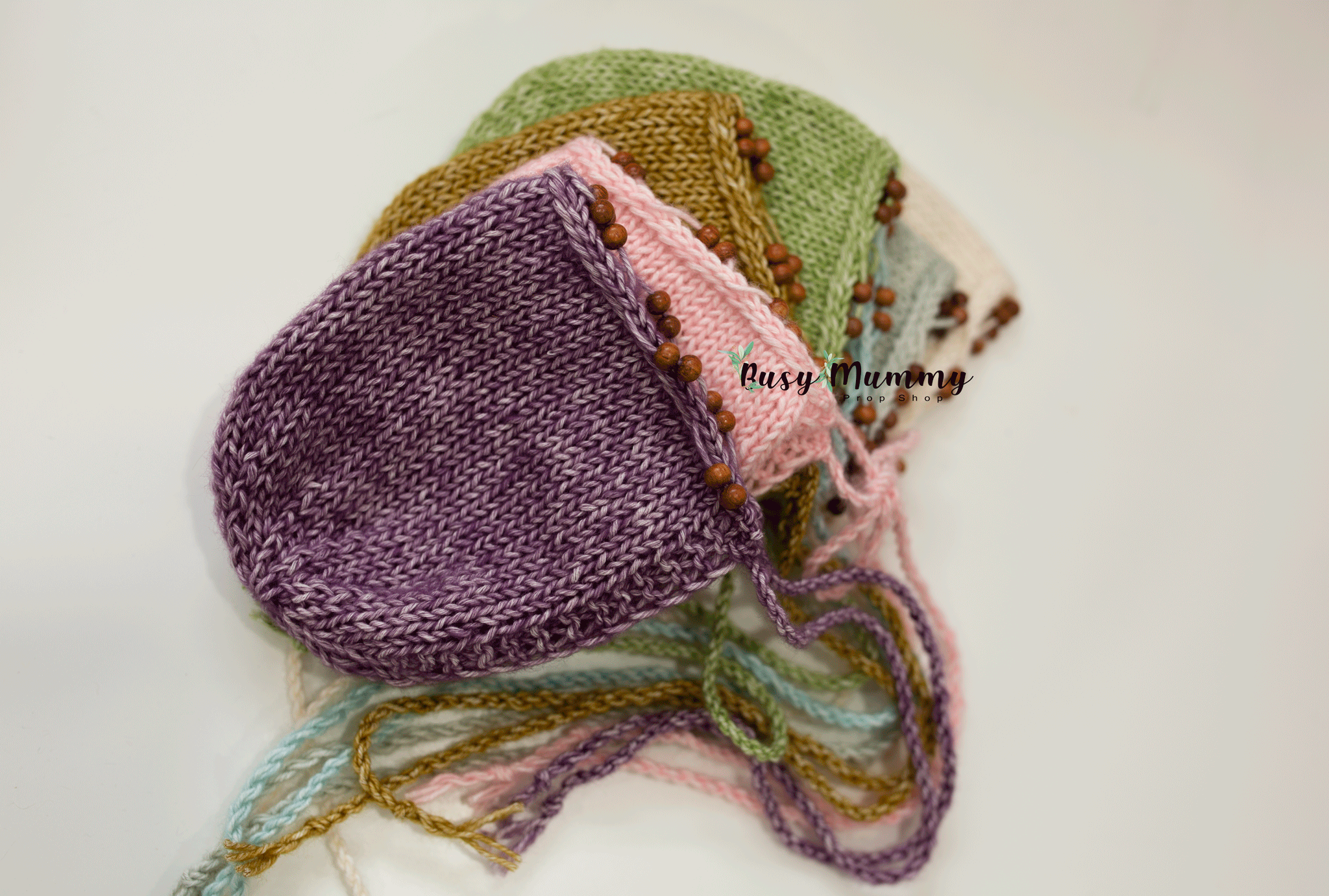 Newborn knitted bonnet, beaded , pink, green, off white, READY TO SEND ...