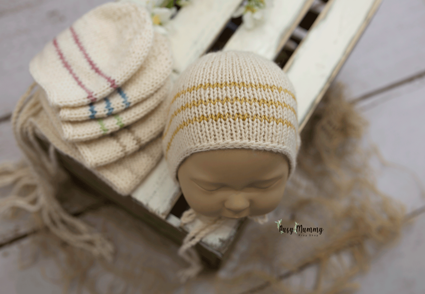 Newborn knityted bonnet, off white, stripe, green, blue, yellow, twin, READY TO SEND