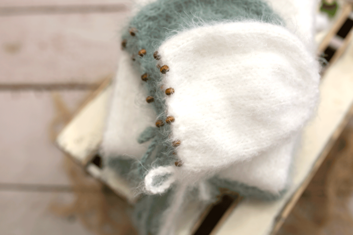 Knitted newborn size pyjama, beaded bonnet,  petrol,white, menthol, READY TO SEND