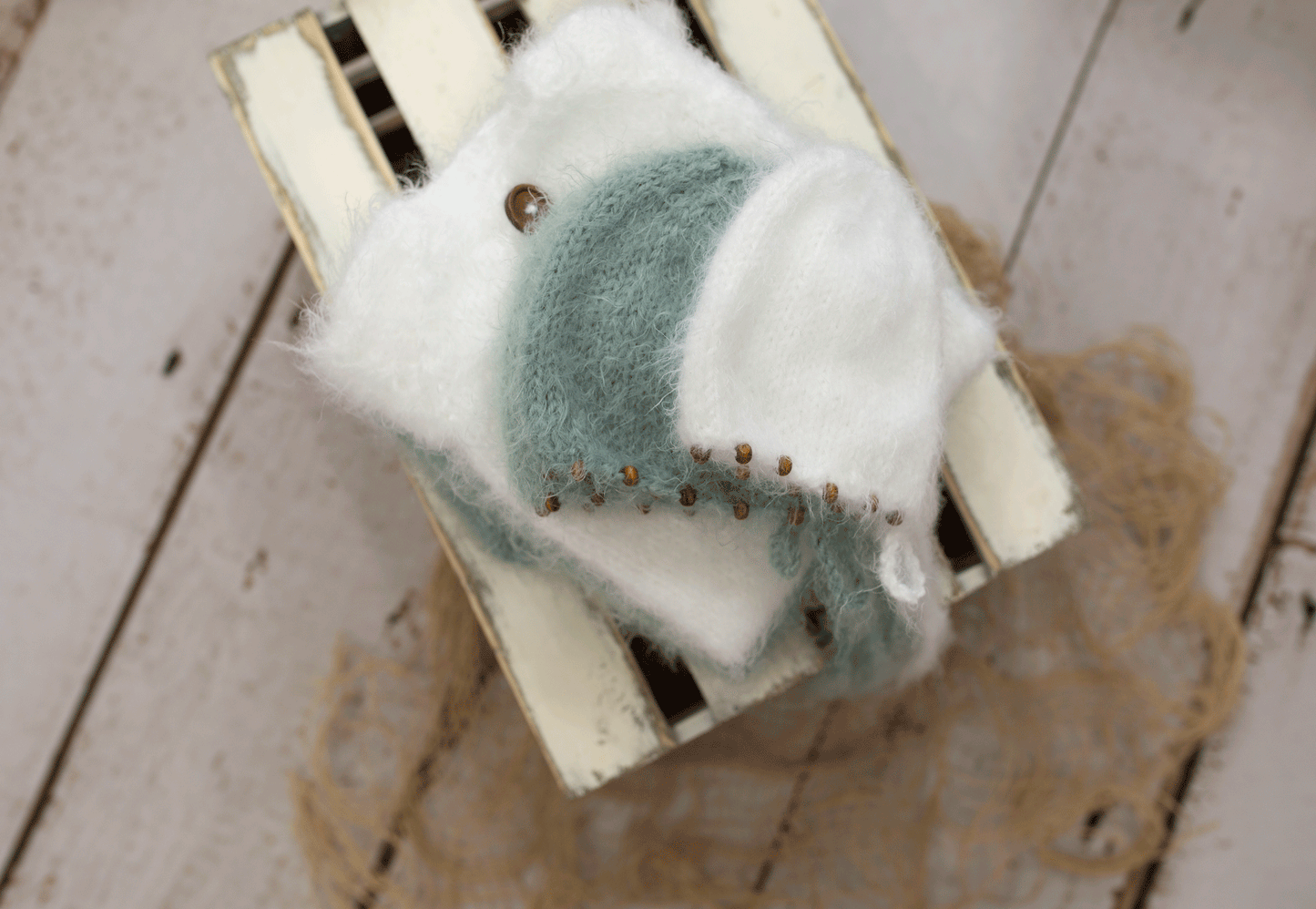 Knitted newborn size pyjama, beaded bonnet,  petrol,white, menthol, READY TO SEND