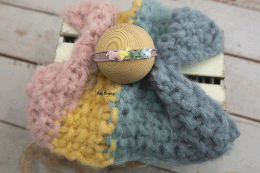 Newborn size knitted chunky layer, rainbow, stuffer, bonnet, head tie, Ready to send