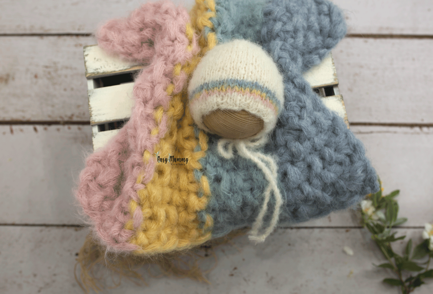 Newborn size knitted chunky layer, rainbow, stuffer, bonnet, head tie, Ready to send