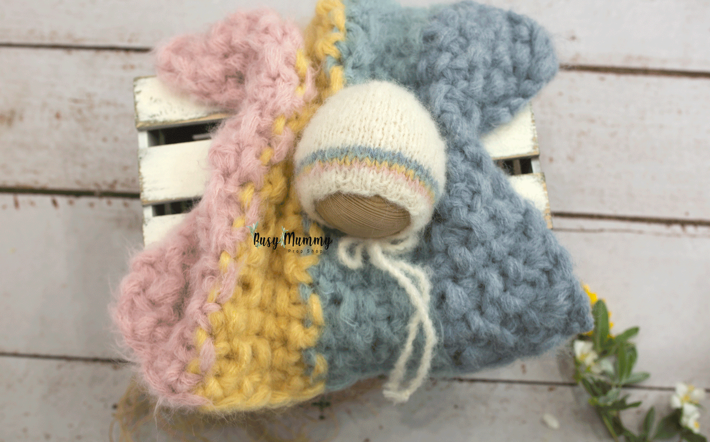 Newborn size knitted chunky layer, rainbow, stuffer, bonnet, head tie, Ready to send