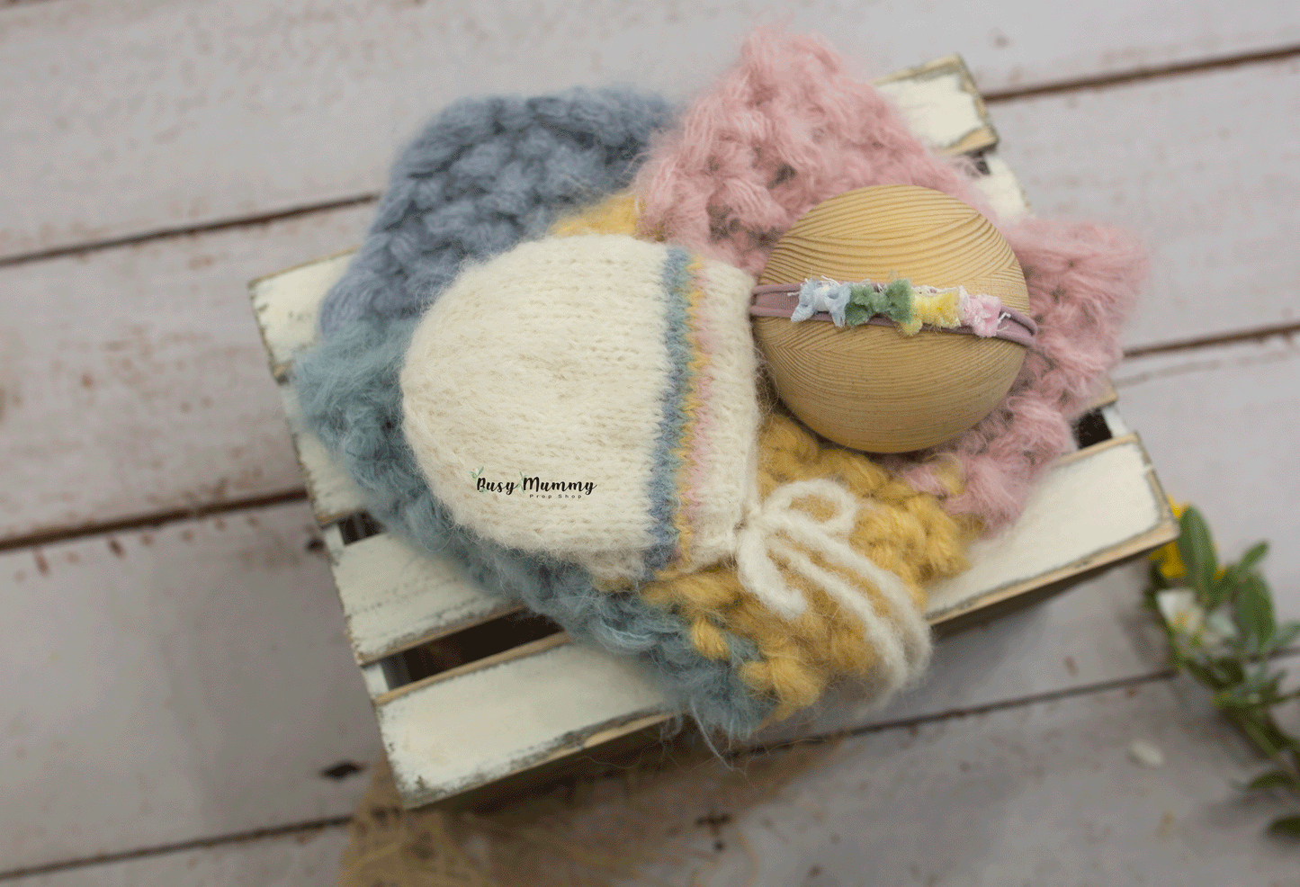 Newborn size knitted chunky layer, rainbow, stuffer, bonnet, head tie, Ready to send