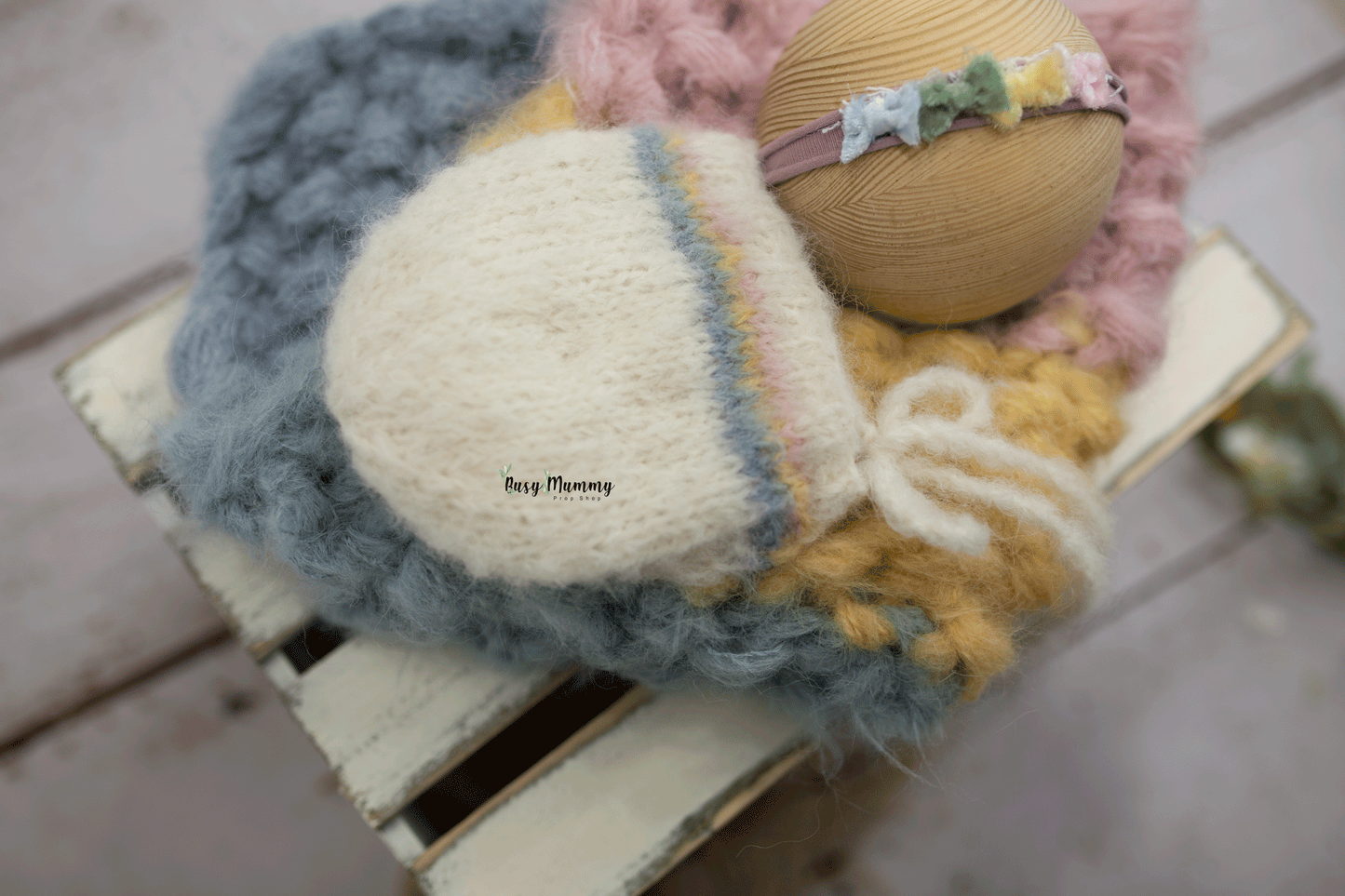 Newborn size knitted chunky layer, rainbow, stuffer, bonnet, head tie, Ready to send