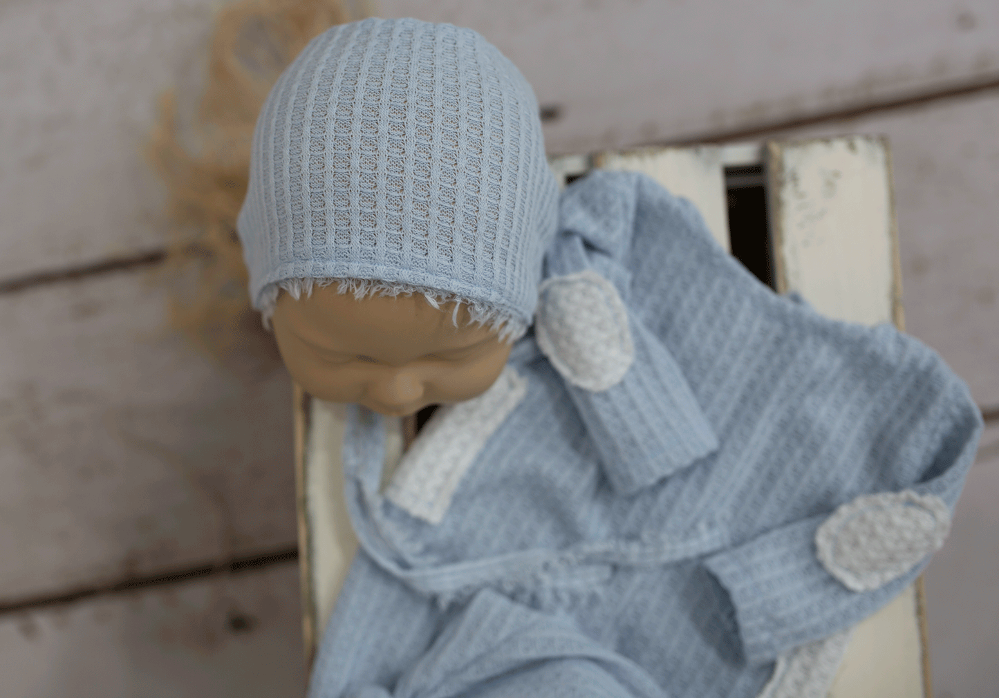 Newborn size pyjama, sleep hat, bonnet, baby blue, white, READY TO SEND