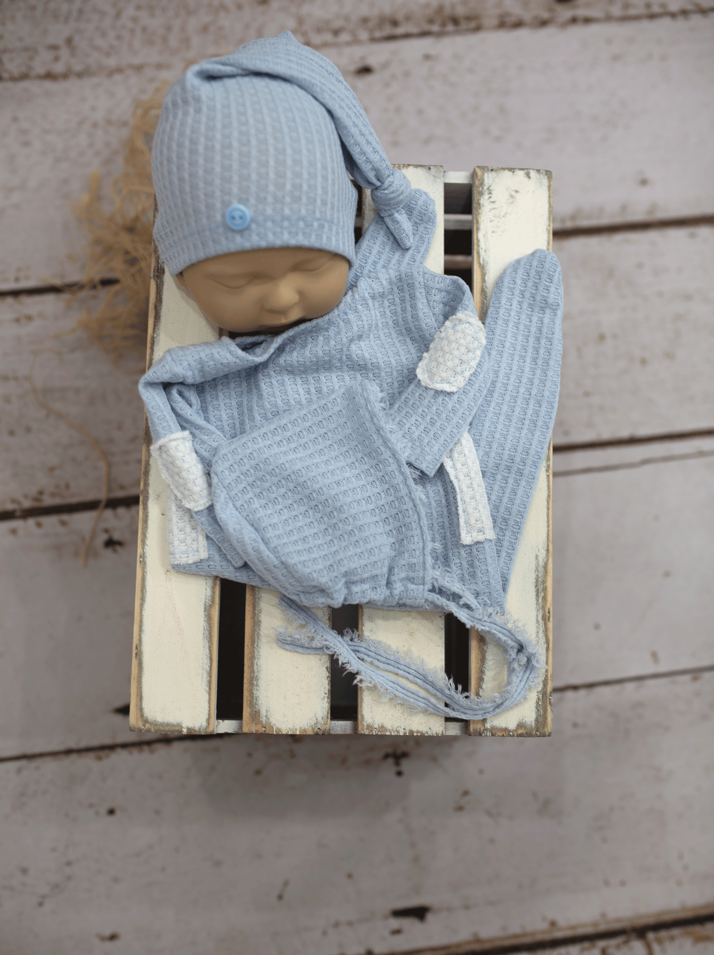 Newborn size pyjama, sleep hat, bonnet, baby blue, white, READY TO SEND