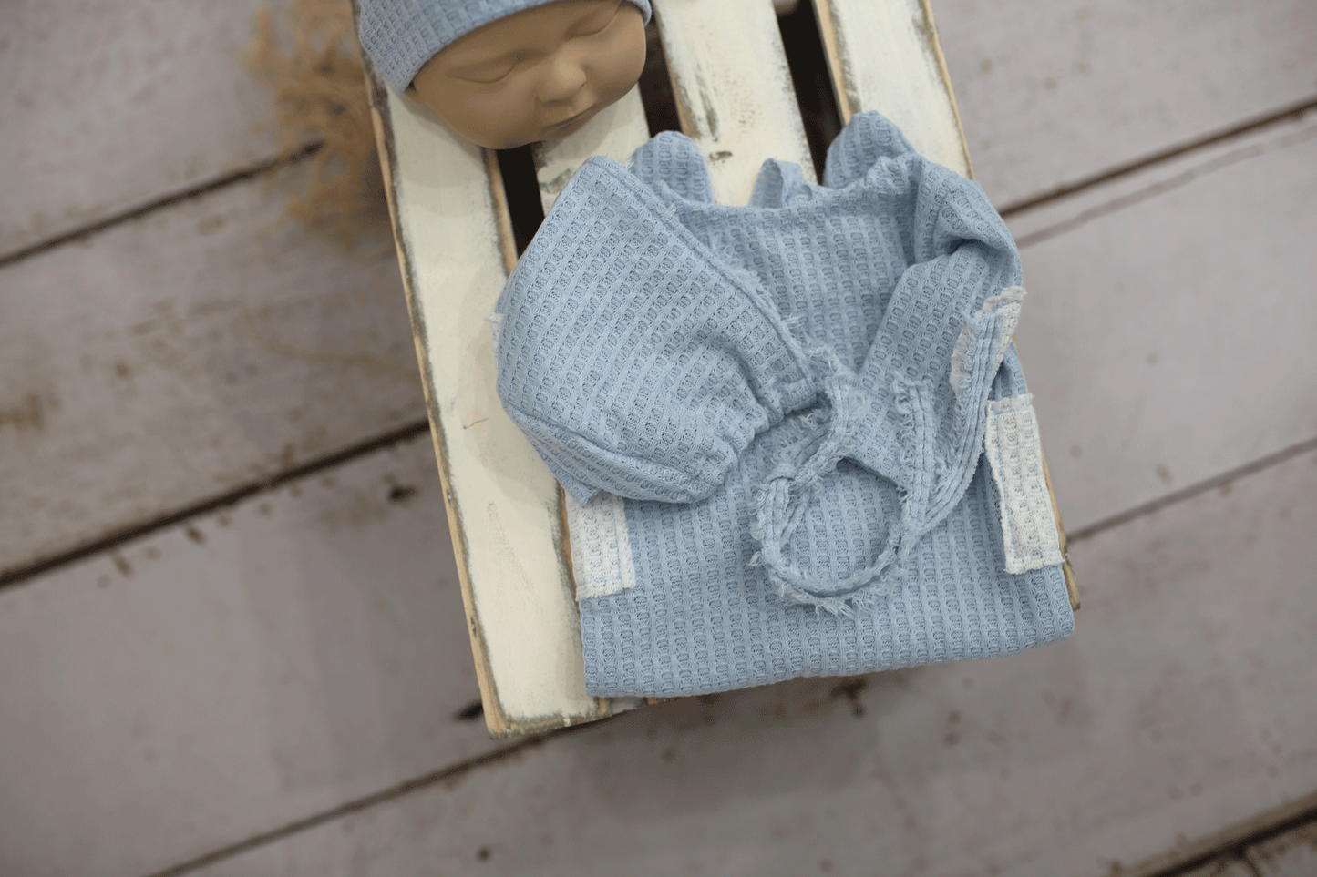 Newborn size pyjama, sleep hat, bonnet, baby blue, white, READY TO SEND