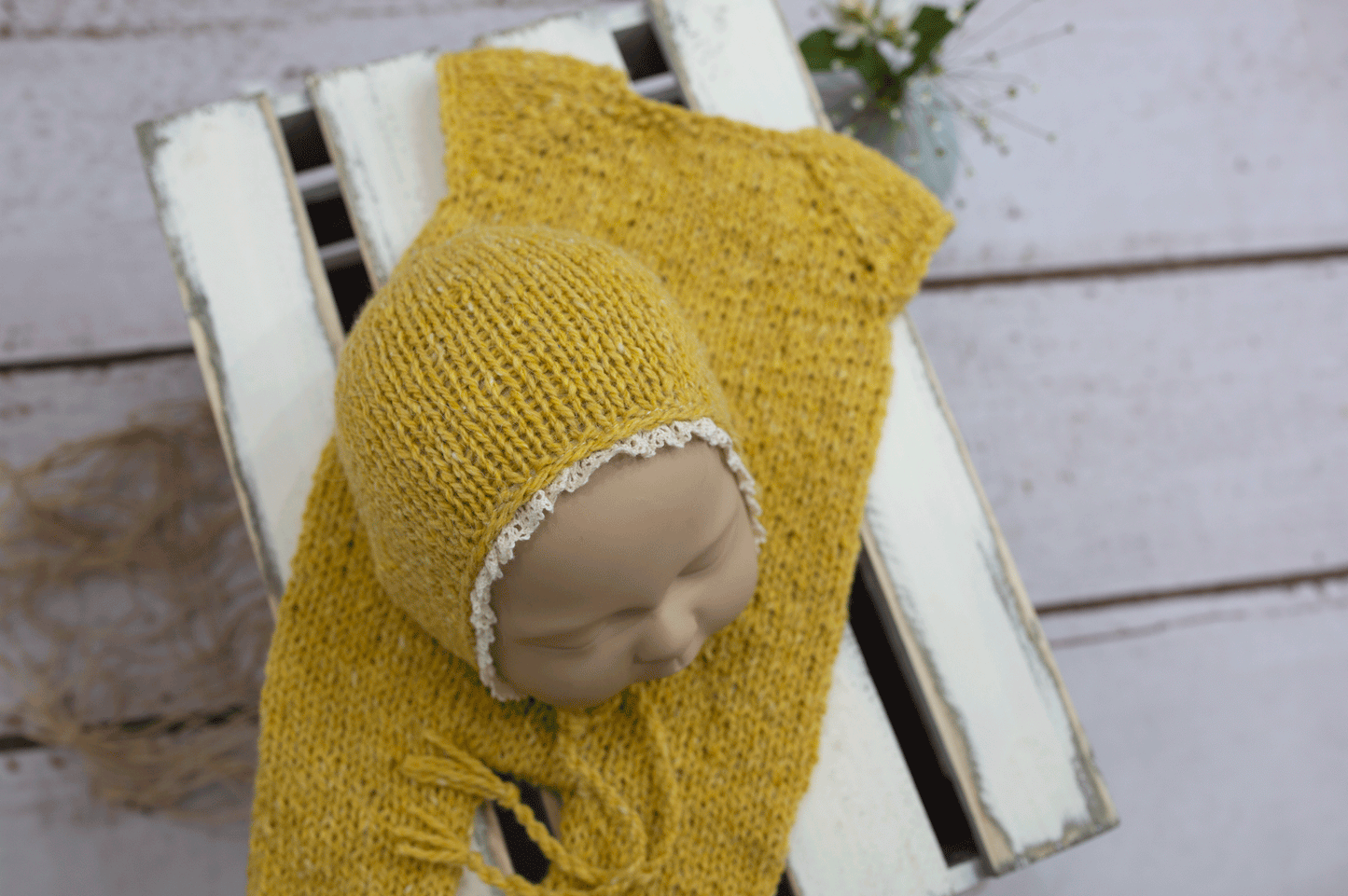 Newborn size yellow, tweed, knitted bonnet, pyjama, Ready to send