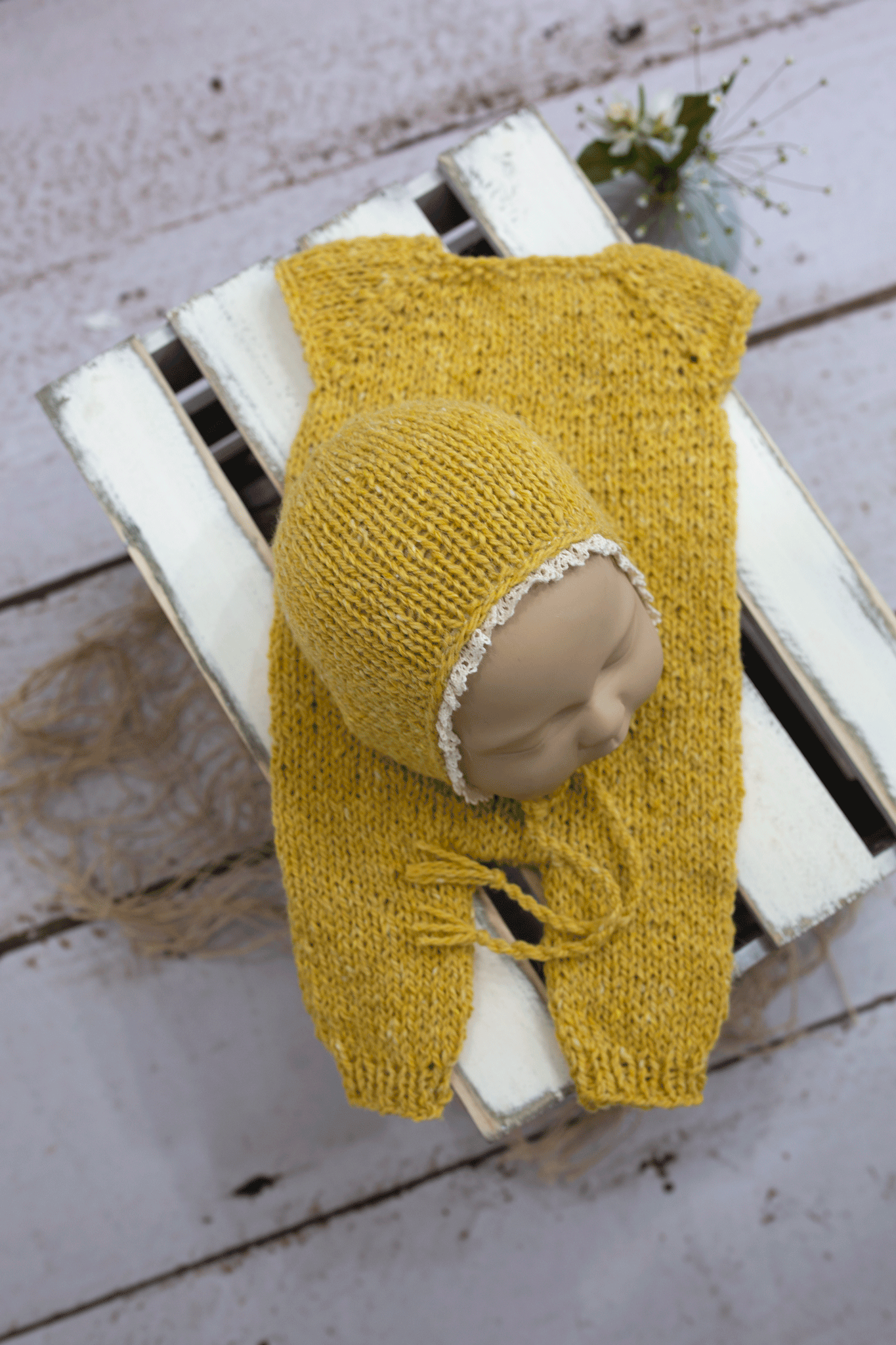 Newborn size yellow, tweed, knitted bonnet, pyjama, Ready to send