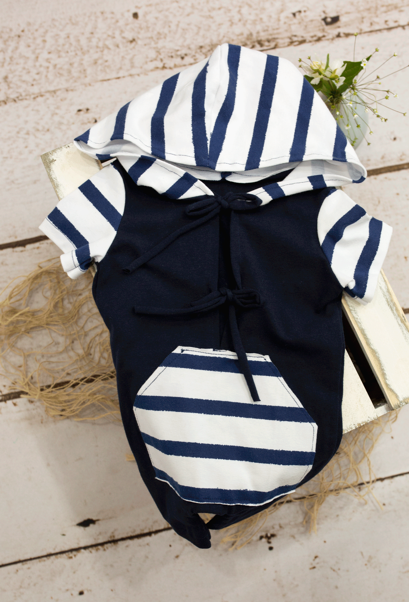 Sitter size, navy blue, stripe, romper, hood, Ready to send