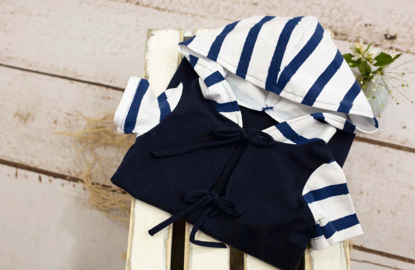 Sitter size, navy blue, stripe, romper, hood, Ready to send