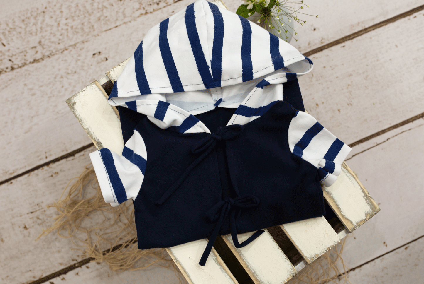 Sitter size, navy blue, stripe, romper, hood, Ready to send