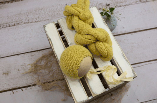 Newborn size knitted wrap, bonnet, yellow, lemon, Ready to send