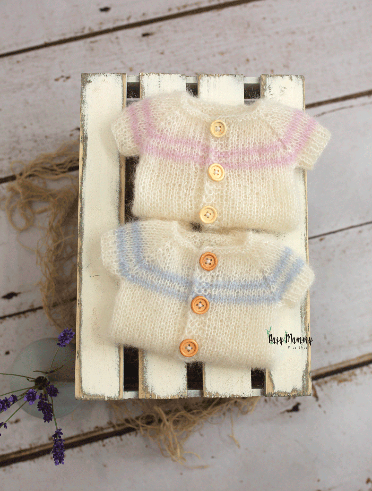 Twin set, newborn size, romper, pink, blue, off white, READY TO SEND