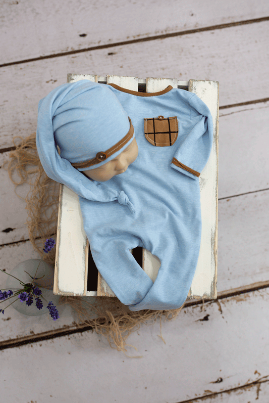 Newborn size pyjama, baby blue, brown, sleep hat, Ready to send