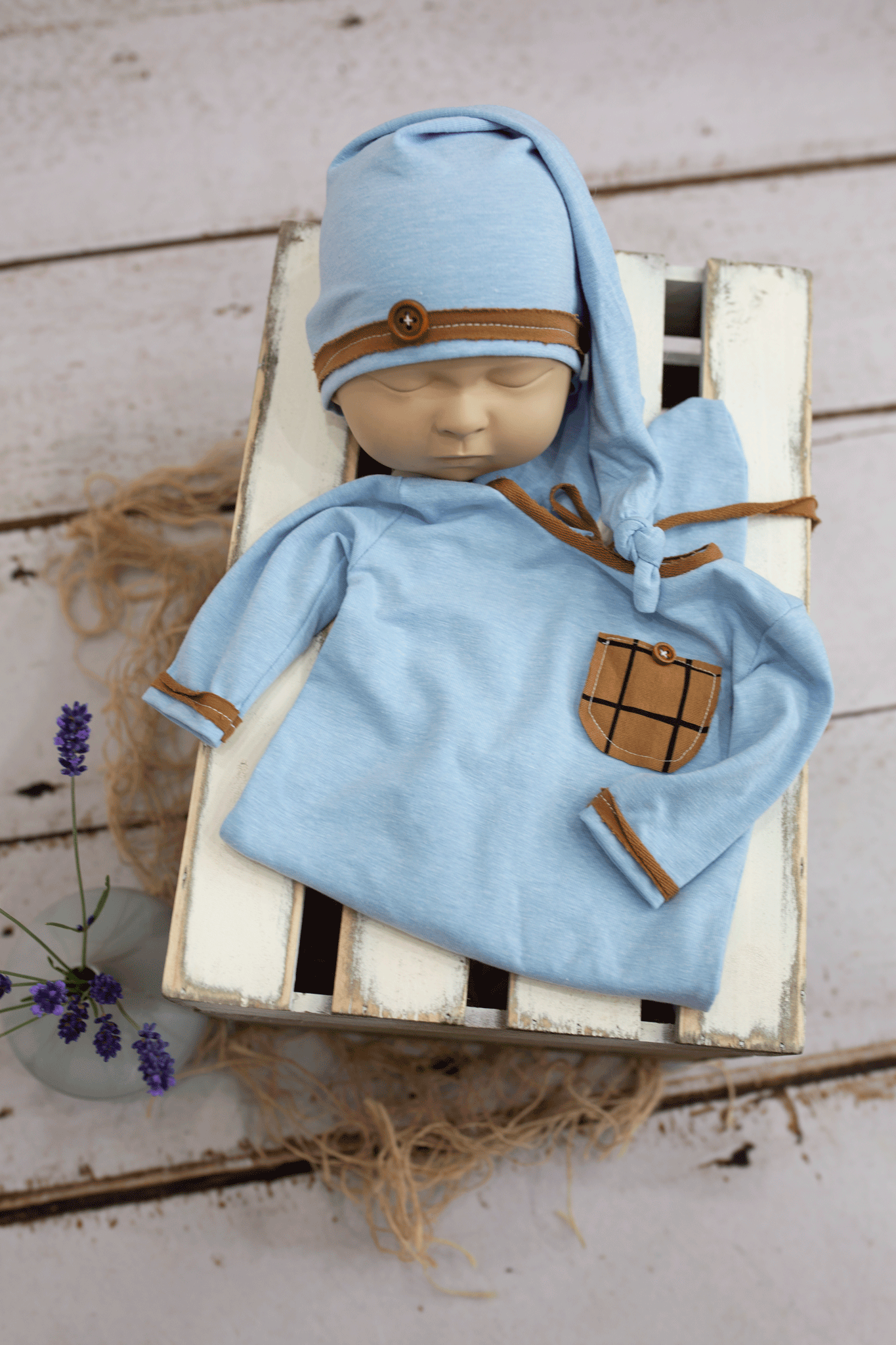 Newborn size pyjama, baby blue, brown, sleep hat, Ready to send