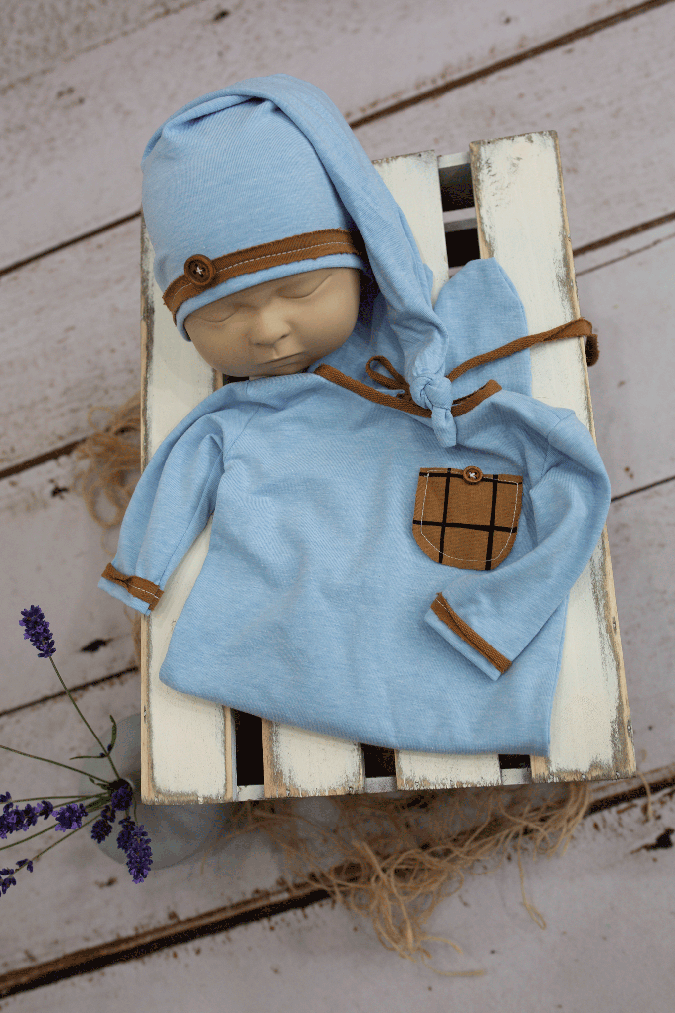 Newborn size pyjama, baby blue, brown, sleep hat, Ready to send