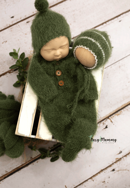 Newborn size forest green, pyjama, pixie hat, bonnet, wrap, READY TO SEND