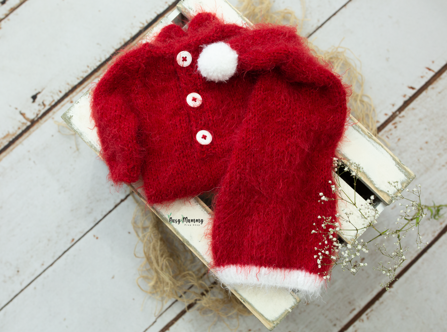 Newborn sitter size knitted pyjama,Christmas, red, santa sleep hat,PRE ORDER