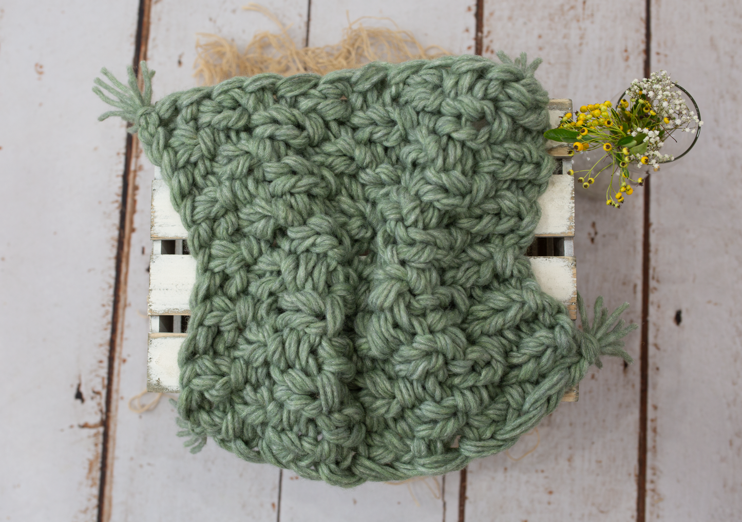 Newborn size knitted pyjama, sage green set, chunky layer, sleep hat, beads, bonnet, xtra long wrapz PRE ORDER