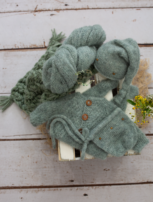 Newborn size knitted pyjama, sage green set, chunky layer, sleep hat, beads, bonnet, xtra long wrapz PRE ORDER