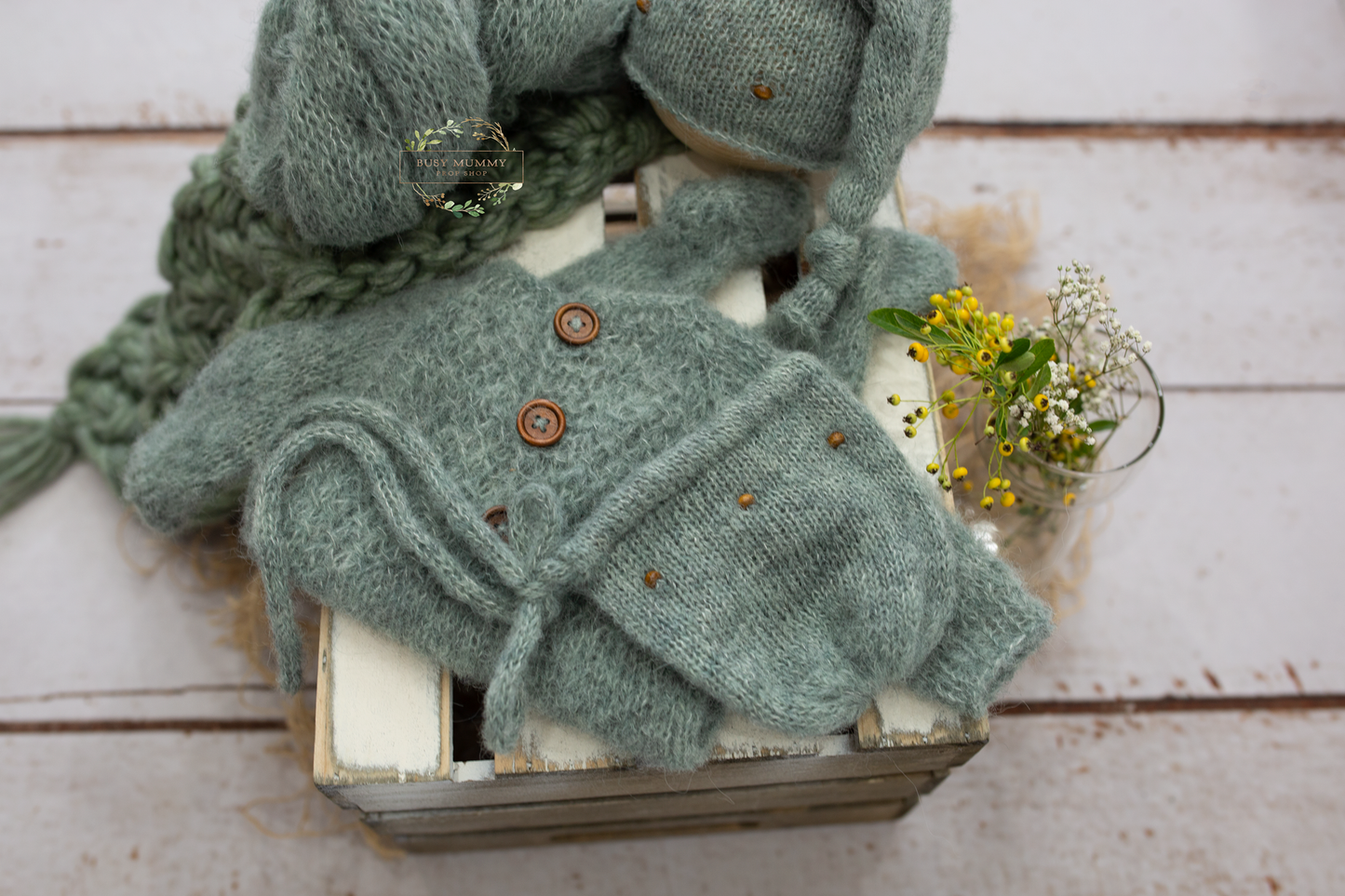 Newborn size knitted pyjama, sage green set, chunky layer, sleep hat, beads, bonnet, xtra long wrapz PRE ORDER