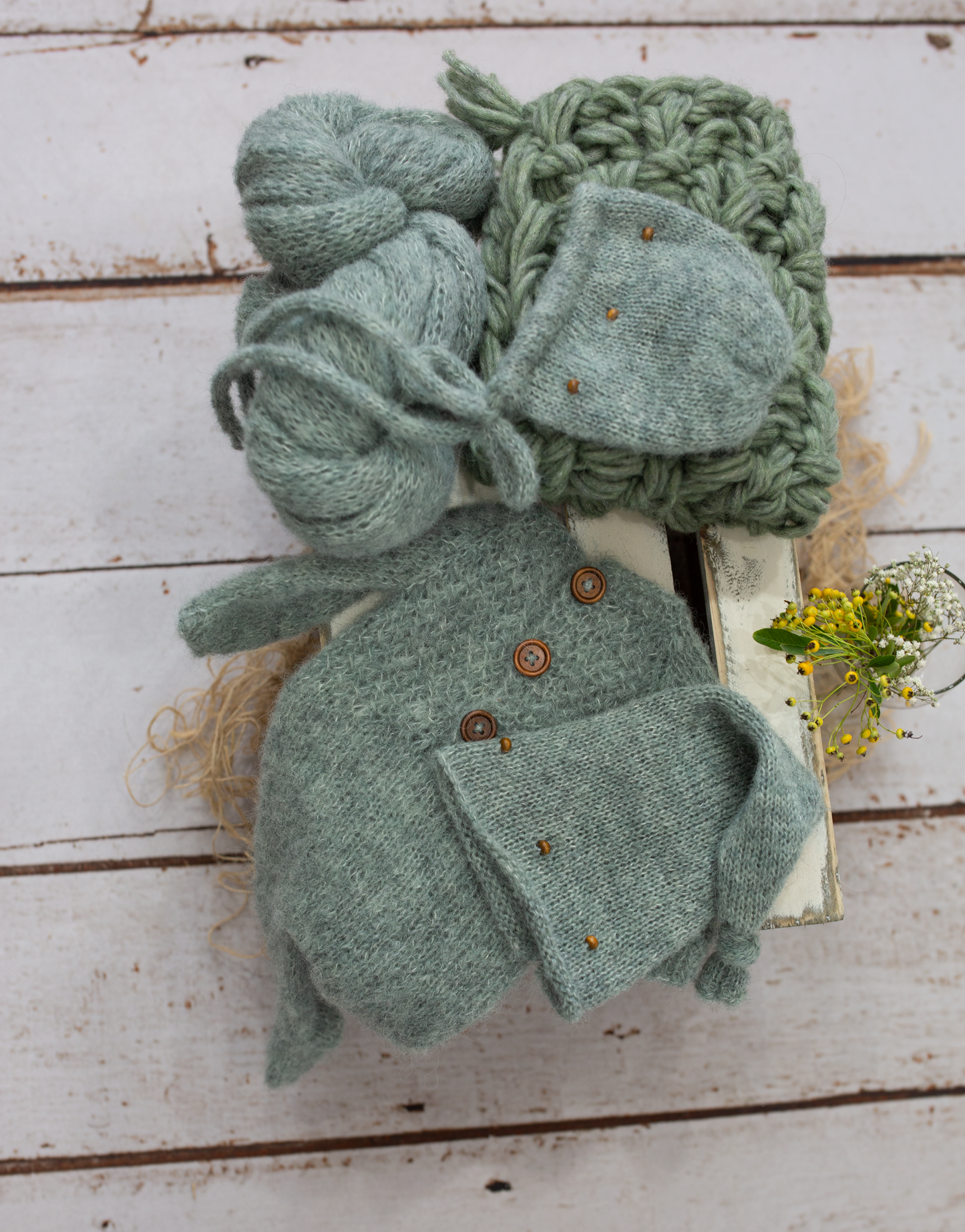 Newborn size knitted pyjama, sage green set, chunky layer, sleep hat, beads, bonnet, xtra long wrapz PRE ORDER