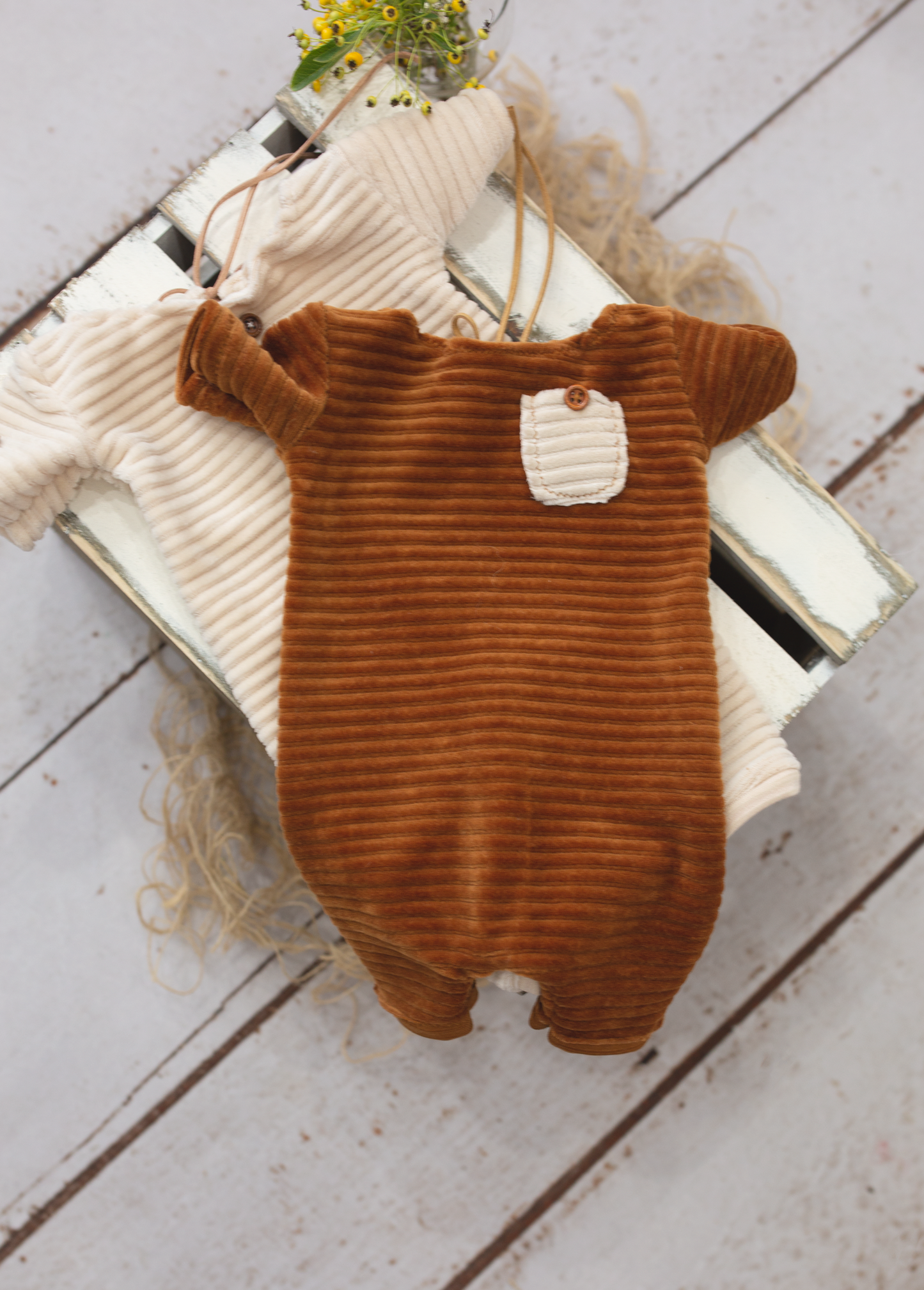 Newborn size pyjama, off white, rust, twin, Ready to send