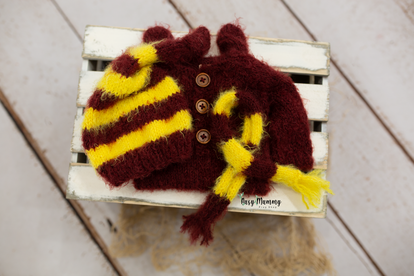 Newborn knitted Harry Potter set, pyjama, sleep hat,scarf,PRE ORDER